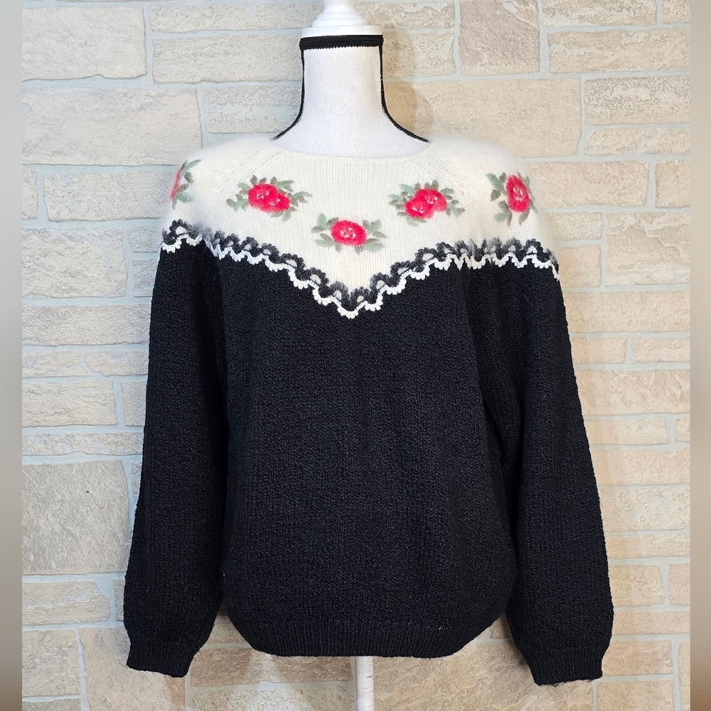 Vintage Donagain Angora Blend Floral Yoke Sweater Beaded Rose Motif Black/White